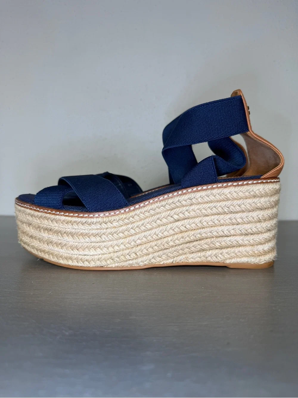 Tory Burch Freida Canvas Leather Blue Platform Espadrille Sandals Women's Sz 8 M